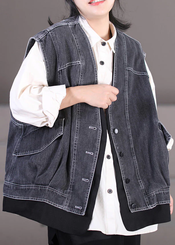 Dark Gray V Neck Patchwork Button Fake Two Pieces Denim Waistcoat Sleeveless - republicanstateiDark Gray V Neck Patchwork Button Fake Two Pieces Denim Waistcoat Sleeveless - republicanstatei