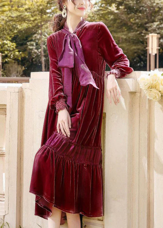 Fine Mulberry Bow Collar Ruffled Patchwork Silk Velour Dresses Spring - republicanstateiFine Mulberry Bow Collar Ruffled Patchwork Silk Velour Dresses Spring - republicanstatei