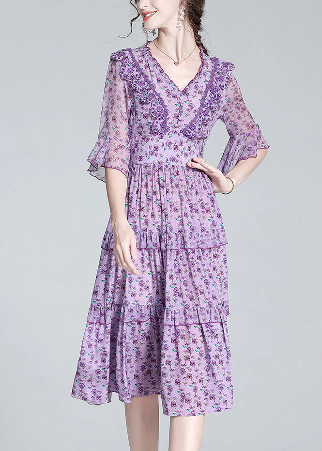Fashion Purple V Neck Print Wrinkled Button Silk Long Dress Half Sleeve - republicanstateiFashion Purple V Neck Print Wrinkled Button Silk Long Dress Half Sleeve - republicanstatei