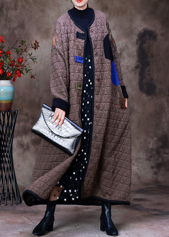 Plus Size Chocolate O-Neck Patchwork Applique Fine Cotton Filled Witner Coat Long sleeve - republicanstateiPlus Size Chocolate O-Neck Patchwork Applique Fine Cotton Filled Witner Coat Long sleeve - republicanstatei