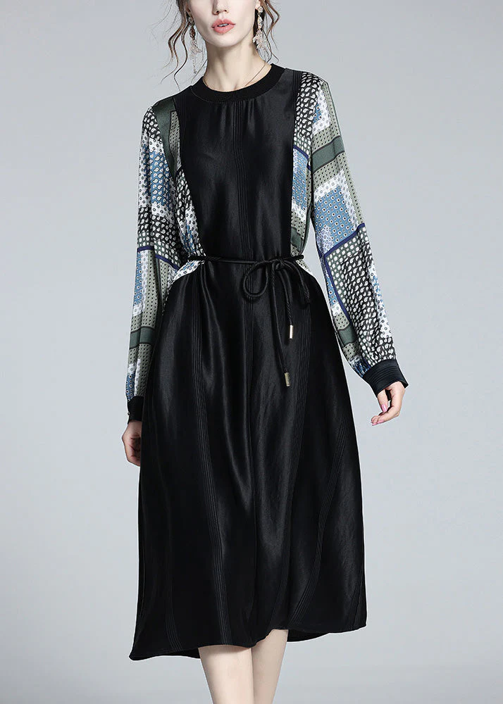 Boho Black O-Neck Print Patchwork Tie Waist Satin Vacation Long Dresses Long Sleeve - republicanstateiBoho Black O-Neck Print Patchwork Tie Waist Satin Vacation Long Dresses Long Sleeve - republicanstatei