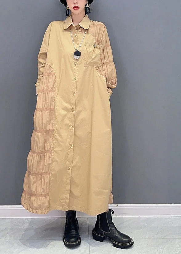 Fine Khaki Peter Pan Collar Patchwork Wrinkled Cotton Holiday Dress Spring - republicanstateiFine Khaki Peter Pan Collar Patchwork Wrinkled Cotton Holiday Dress Spring - republicanstatei