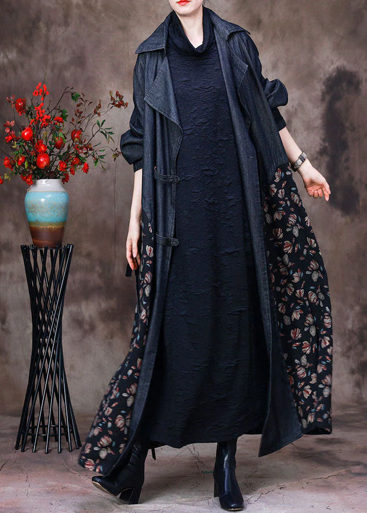 Unique Navy Peter Pan Collar Patchwork Print Cotton Denim Trench Long Sleeve - republicanstateiUnique Navy Peter Pan Collar Patchwork Print Cotton Denim Trench Long Sleeve - republicanstatei