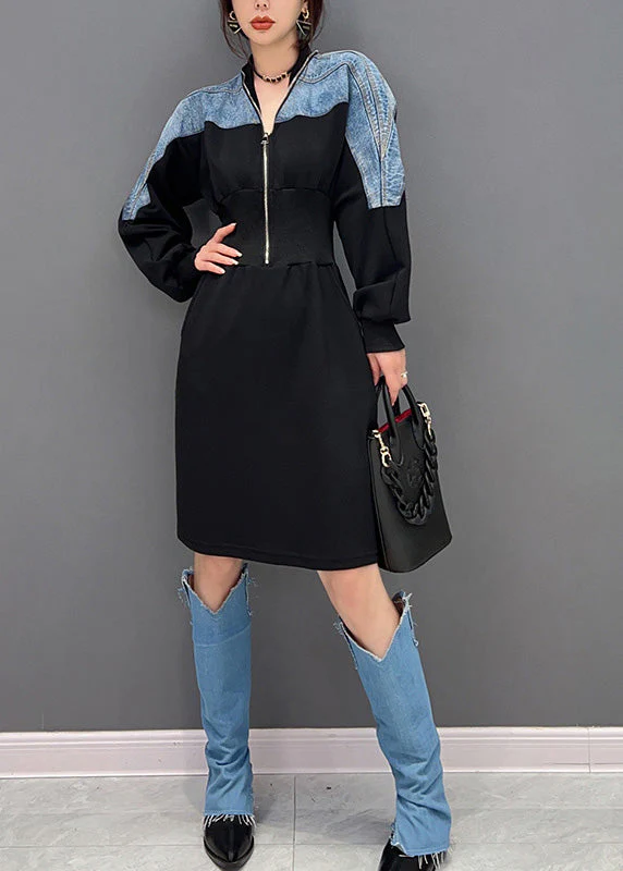 Slim Fit Black V Neck Zippered Patchwork Denim Maxi Dresses Long Sleeve - republicanstateiSlim Fit Black V Neck Zippered Patchwork Denim Maxi Dresses Long Sleeve - republicanstatei