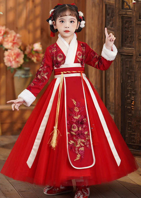 Cute Red Tie Waist Embroideried Patchwork Tulle Kids Maxi Dresses Long Sleeve - republicanstateiCute Red Tie Waist Embroideried Patchwork Tulle Kids Maxi Dresses Long Sleeve - republicanstatei