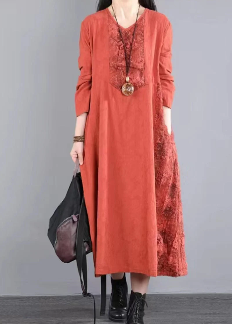 Original Orange V Neck Hollow Out Lace Patchwork Cotton Long Dresses Fall - republicanstateiOriginal Orange V Neck Hollow Out Lace Patchwork Cotton Long Dresses Fall - republicanstatei