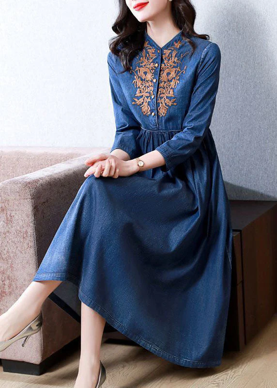 Vintage Blue Embroideried Exra Large Hem Cotton Denim Dress Bracelet Sleeve - republicanstateiVintage Blue Embroideried Exra Large Hem Cotton Denim Dress Bracelet Sleeve - republicanstatei