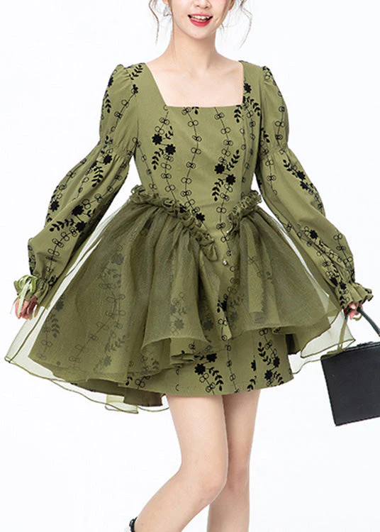 Beautiful Green Square Collar Print Tulle Patchwork Mid Dresses Long Sleeve - republicanstateiBeautiful Green Square Collar Print Tulle Patchwork Mid Dresses Long Sleeve - republicanstatei