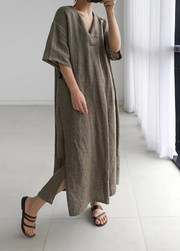 Plus Size Grey Peter Pan Collar Pockets Linen Long Dresses Short Sleeve - republicanstateiPlus Size Grey Peter Pan Collar Pockets Linen Long Dresses Short Sleeve - republicanstatei