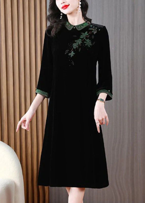 Vintage Green Peter Pan Collar Embroidered Silk Velour Long Dress Long Sleeve - republicanstateiVintage Green Peter Pan Collar Embroidered Silk Velour Long Dress Long Sleeve - republicanstatei