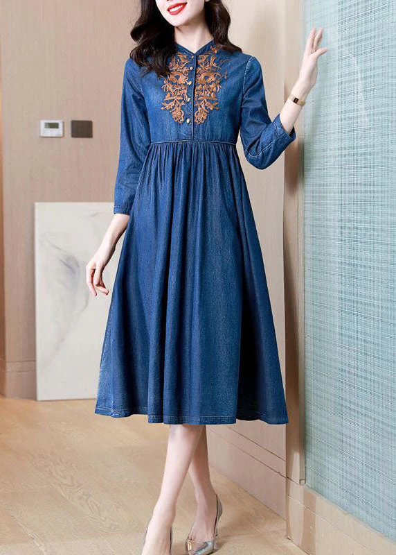 Vintage Blue Embroideried Exra Large Hem Cotton Denim Dress Bracelet Sleeve - republicanstateiVintage Blue Embroideried Exra Large Hem Cotton Denim Dress Bracelet Sleeve - republicanstatei