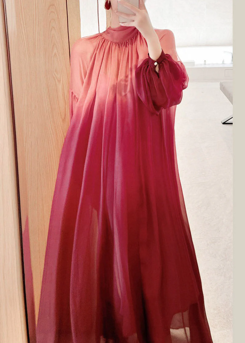 Chinese Style Pink Stand Collar Gradient Color Silk Long Dress Puff Sleeve - republicanstateiChinese Style Pink Stand Collar Gradient Color Silk Long Dress Puff Sleeve - republicanstatei