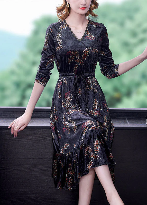Classy Black V Neck Patchwork Ruffles Print Silk Velour Cinched Dresses Spring - republicanstateiClassy Black V Neck Patchwork Ruffles Print Silk Velour Cinched Dresses Spring - republicanstatei