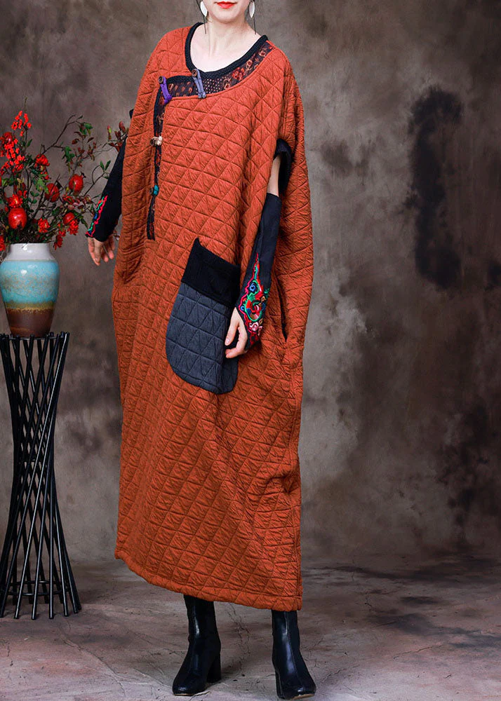 Art Orange O-Neck Patchwork Patchwork Button Fine Cotton Filled Dresses Short Sleeve - republicanstateiArt Orange O-Neck Patchwork Patchwork Button Fine Cotton Filled Dresses Short Sleeve - republicanstatei