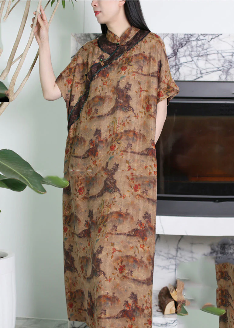 Novelty Coffee Stand Collar Print Button Silk Long Dress Short Sleeve - republicanstateiNovelty Coffee Stand Collar Print Button Silk Long Dress Short Sleeve - republicanstatei