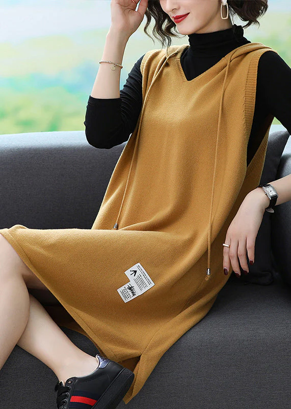 Slim Fit Yellow V Neck Drawstring Low High Design Knit Hooded Waistcoat Fall - republicanstateiSlim Fit Yellow V Neck Drawstring Low High Design Knit Hooded Waistcoat Fall - republicanstatei