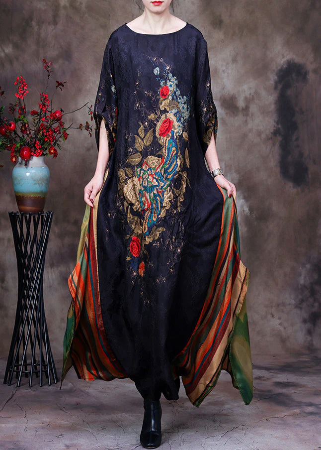 Slim Fit Black Yellow Colour O-Neck Print Patchwork Silk Maxi Dress Long Sleeve - republicanstateiSlim Fit Black Yellow Colour O-Neck Print Patchwork Silk Maxi Dress Long Sleeve - republicanstatei