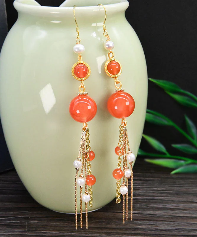 Beautiful Orange Silver Sterling Overgild Agate Pearl Tassel Drop Earrings - republicanstateiBeautiful Orange Silver Sterling Overgild Agate Pearl Tassel Drop Earrings - republicanstatei