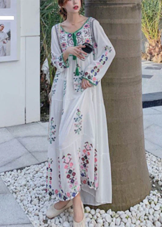 Bohemian White O-Neck Embroideried Floral Cotton Holiday Dresses Long Sleeve - republicanstateiBohemian White O-Neck Embroideried Floral Cotton Holiday Dresses Long Sleeve - republicanstatei