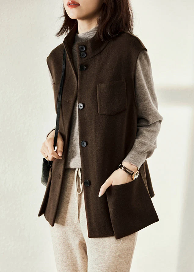 Simple Chocolate Colour Stand Collar Button Pockets Woolen Waistcoat Sleeveless - republicanstateiSimple Chocolate Colour Stand Collar Button Pockets Woolen Waistcoat Sleeveless - republicanstatei