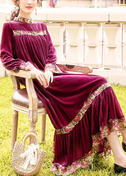 Style Purple Stand Collar Patchwork Embroideried Silk Velour Robe Dresses Spring - republicanstateiStyle Purple Stand Collar Patchwork Embroideried Silk Velour Robe Dresses Spring - republicanstatei