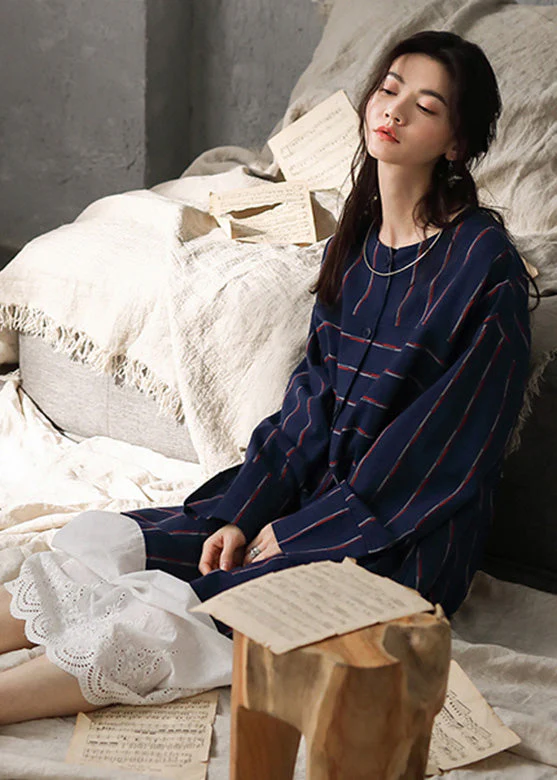 Vintage Navy Blue O-Neck Striped Patchwork Cozy Cotton Long Dress Long Sleeve - republicanstateiVintage Navy Blue O-Neck Striped Patchwork Cozy Cotton Long Dress Long Sleeve - republicanstatei
