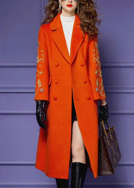 Boutique Orange Embroideried Tie Waist Patchwork Woolen Long Coat Fall - republicanstateiBoutique Orange Embroideried Tie Waist Patchwork Woolen Long Coat Fall - republicanstatei