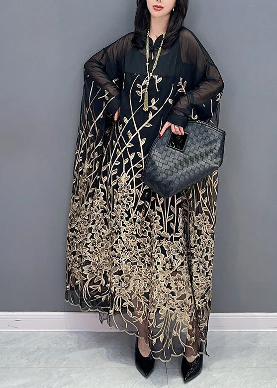 Classy Black Stand Collar Embroideried Button Tulle Maxi Dress Long Sleeve - republicanstateiClassy Black Stand Collar Embroideried Button Tulle Maxi Dress Long Sleeve - republicanstatei