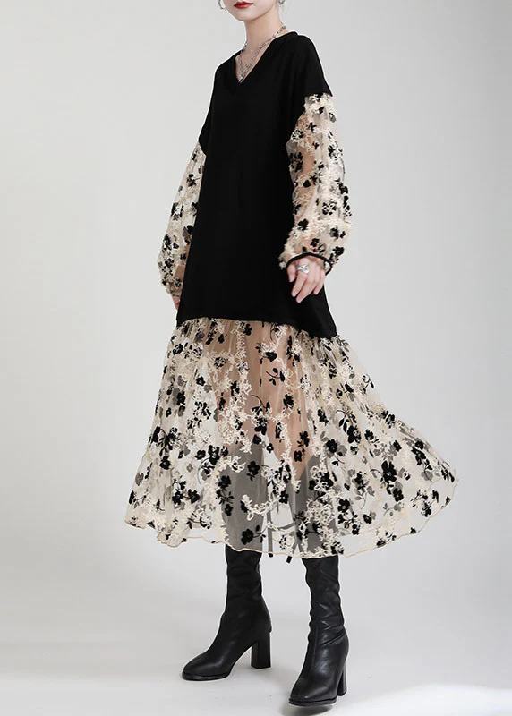 Art Black V Neck Patchwork Pockets Print Fall Vacation Dresses Long sleeve - republicanstateiArt Black V Neck Patchwork Pockets Print Fall Vacation Dresses Long sleeve - republicanstatei
