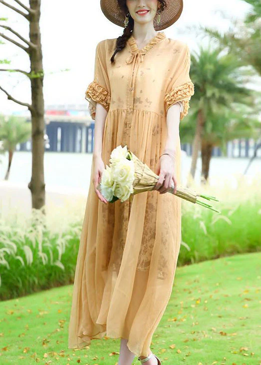 Modern Yellow Ruffled Patchwork Wrinkled Silk Vacation Dresses Summer - republicanstateiModern Yellow Ruffled Patchwork Wrinkled Silk Vacation Dresses Summer - republicanstatei