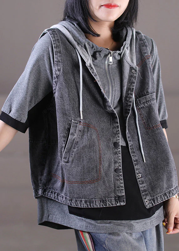 Loose Grey Knit Patchwork Drawstring Button Hooded Denim Waistcoatcoat Sleeveless - republicanstateiLoose Grey Knit Patchwork Drawstring Button Hooded Denim Waistcoatcoat Sleeveless - republicanstatei