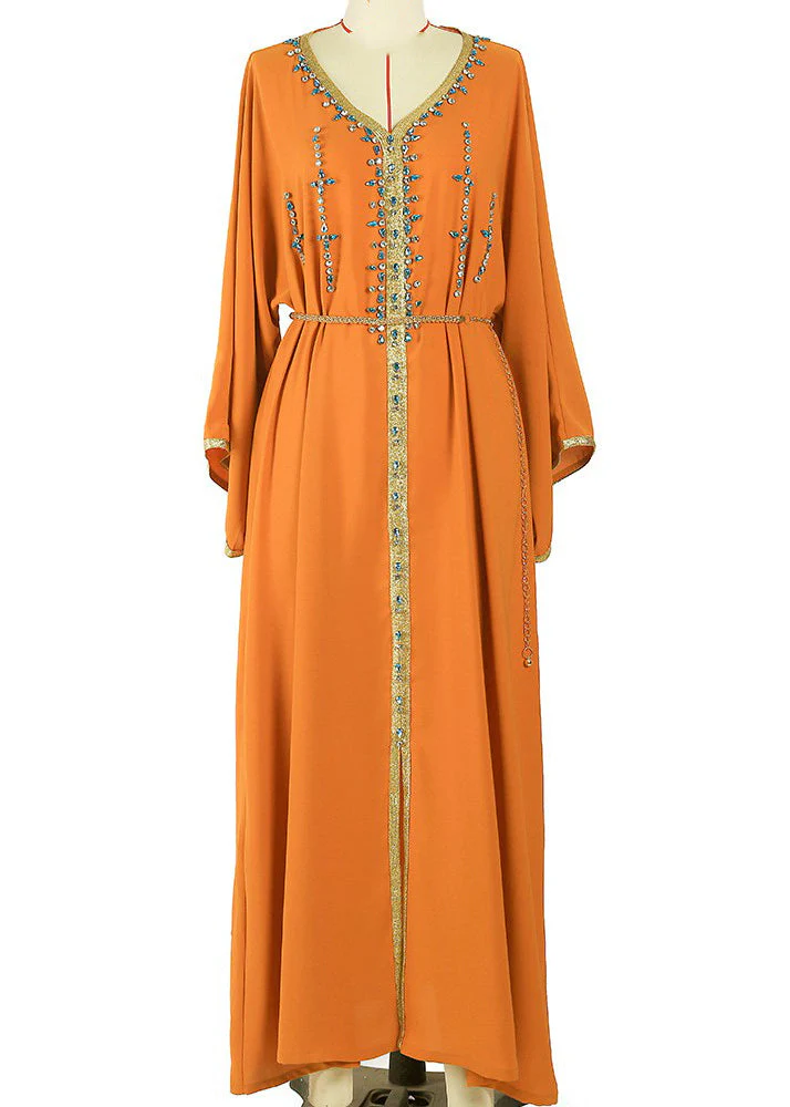 Style Orange V Neck Zircon Patchwork Tie Waist Chiffon Maxi Dress Fall - republicanstateiStyle Orange V Neck Zircon Patchwork Tie Waist Chiffon Maxi Dress Fall - republicanstatei