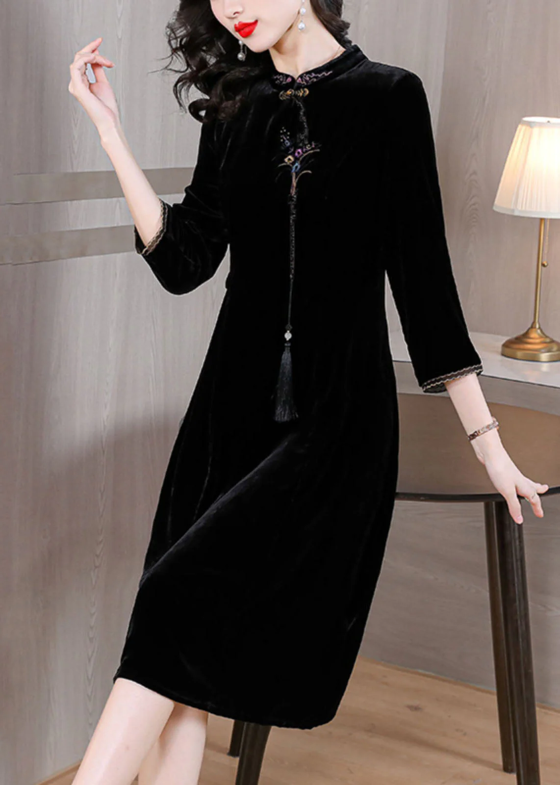 Classy Black Stand Collar Embroidered Floral Silk Velour Maxi Dress Fall - republicanstateiClassy Black Stand Collar Embroidered Floral Silk Velour Maxi Dress Fall - republicanstatei