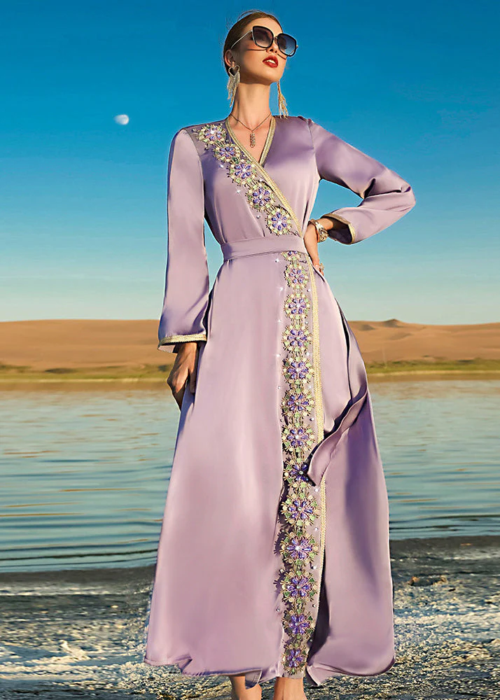 Natural Purple V Neck Patchwork Tie Waist Chiffon Maxi Dresses Long Sleeve - republicanstateiNatural Purple V Neck Patchwork Tie Waist Chiffon Maxi Dresses Long Sleeve - republicanstatei