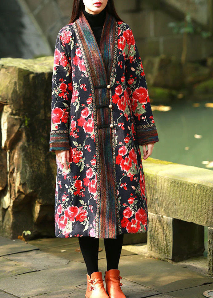 Red Print Fine Cotton Filled Long Coats V Neck Oriental Button Winter - republicanstateiRed Print Fine Cotton Filled Long Coats V Neck Oriental Button Winter - republicanstatei