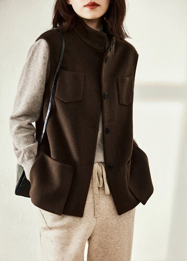 Simple Chocolate Colour Stand Collar Button Pockets Woolen Waistcoat Sleeveless - republicanstateiSimple Chocolate Colour Stand Collar Button Pockets Woolen Waistcoat Sleeveless - republicanstatei