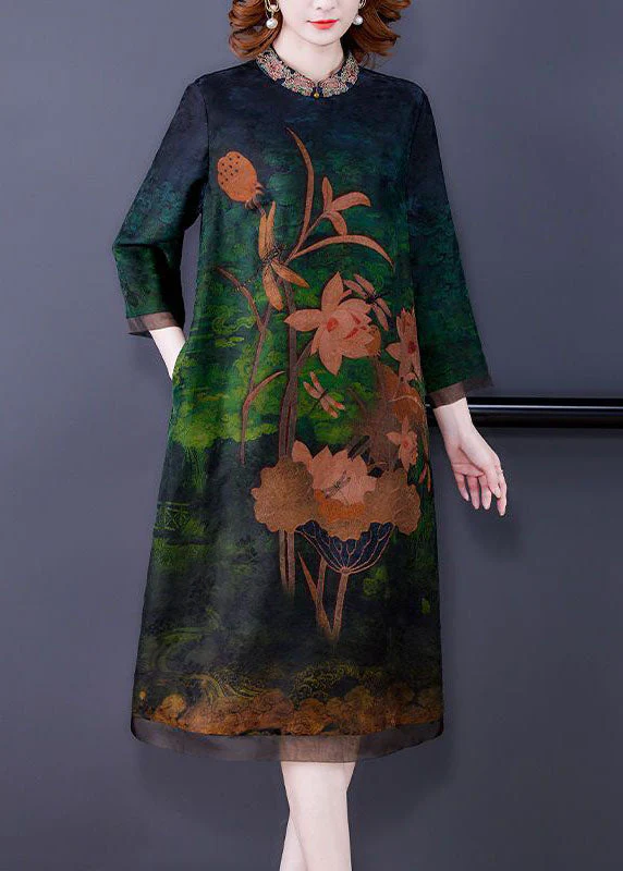 Women Green Embroideried Patchwork Zippered Silk Dresses Bracelet Sleeve - republicanstateiWomen Green Embroideried Patchwork Zippered Silk Dresses Bracelet Sleeve - republicanstatei