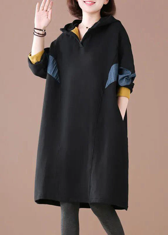 Plus Size Black Hooded Patchwork Warm Fleece Loose Sweatshirt Dress Winter - republicanstateiPlus Size Black Hooded Patchwork Warm Fleece Loose Sweatshirt Dress Winter - republicanstatei