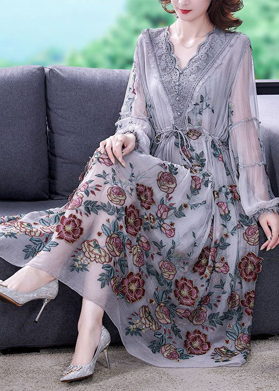 Women Grey V Neck Patchwork Embroideried Silk Cinched Dress Lantern Sleeve - republicanstateiWomen Grey V Neck Patchwork Embroideried Silk Cinched Dress Lantern Sleeve - republicanstatei