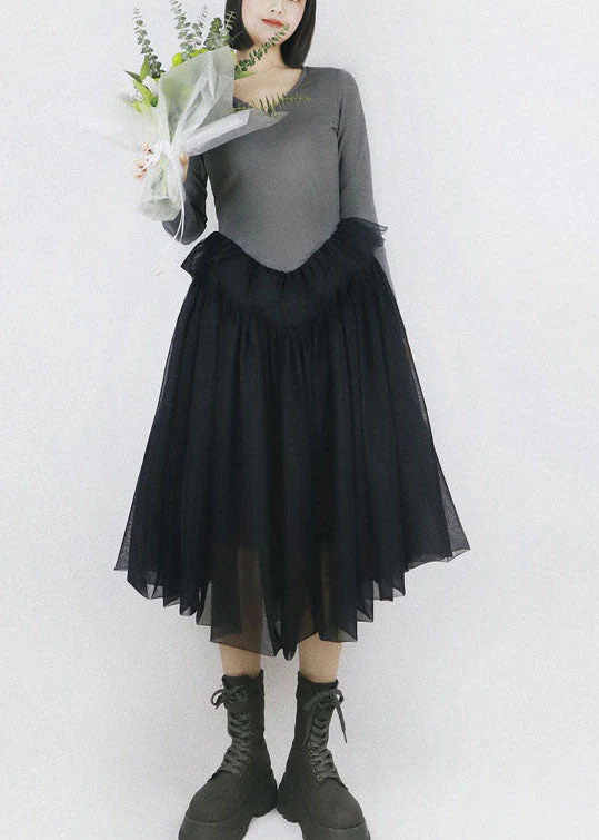 Women Green V Neck Patchwork Tulle Exra Large Hem Cotton Long Dress Long Sleeve - republicanstateiWomen Green V Neck Patchwork Tulle Exra Large Hem Cotton Long Dress Long Sleeve - republicanstatei