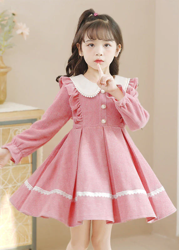 Pink Peter Pan Collar Ruffled Lace Patchwork Button Warm Fleece Kids Mid Dresses Long Sleeve - republicanstateiPink Peter Pan Collar Ruffled Lace Patchwork Button Warm Fleece Kids Mid Dresses Long Sleeve - republicanstatei