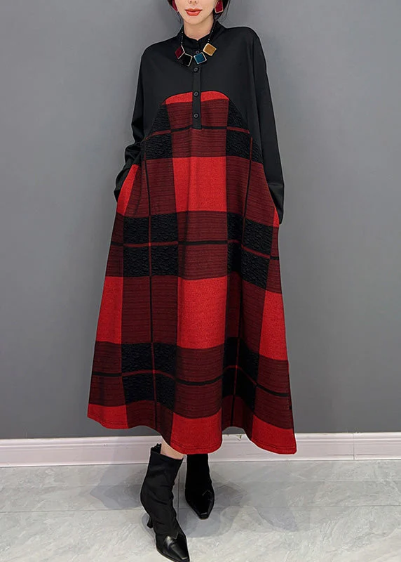 Classy Red Stand Collar Plaid Button Vacation Maxi Dresses Long Sleeve - republicanstateiClassy Red Stand Collar Plaid Button Vacation Maxi Dresses Long Sleeve - republicanstatei