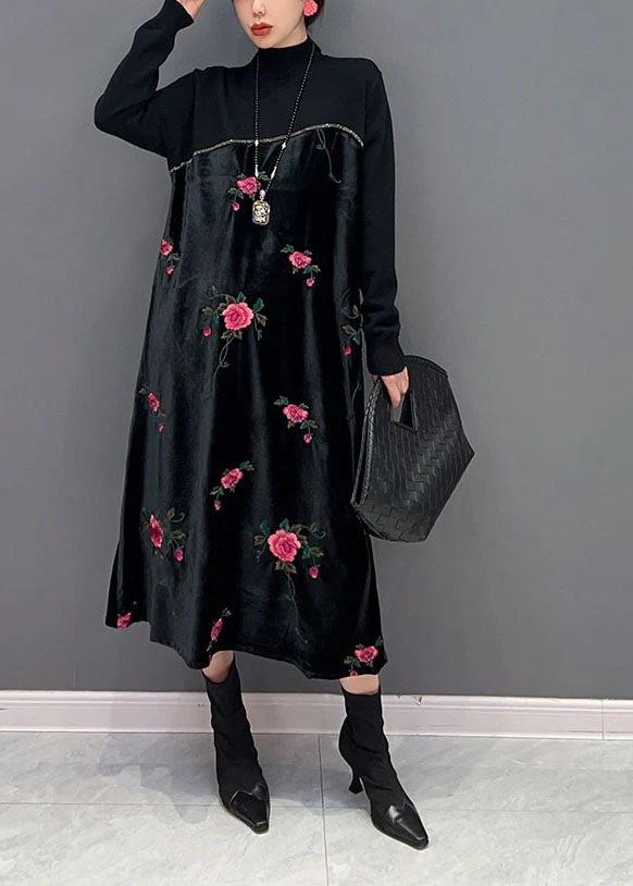 Women Black High Neck Embroideried Knit Patchwork Silk Velour Dress Spring - republicanstateiWomen Black High Neck Embroideried Knit Patchwork Silk Velour Dress Spring - republicanstatei