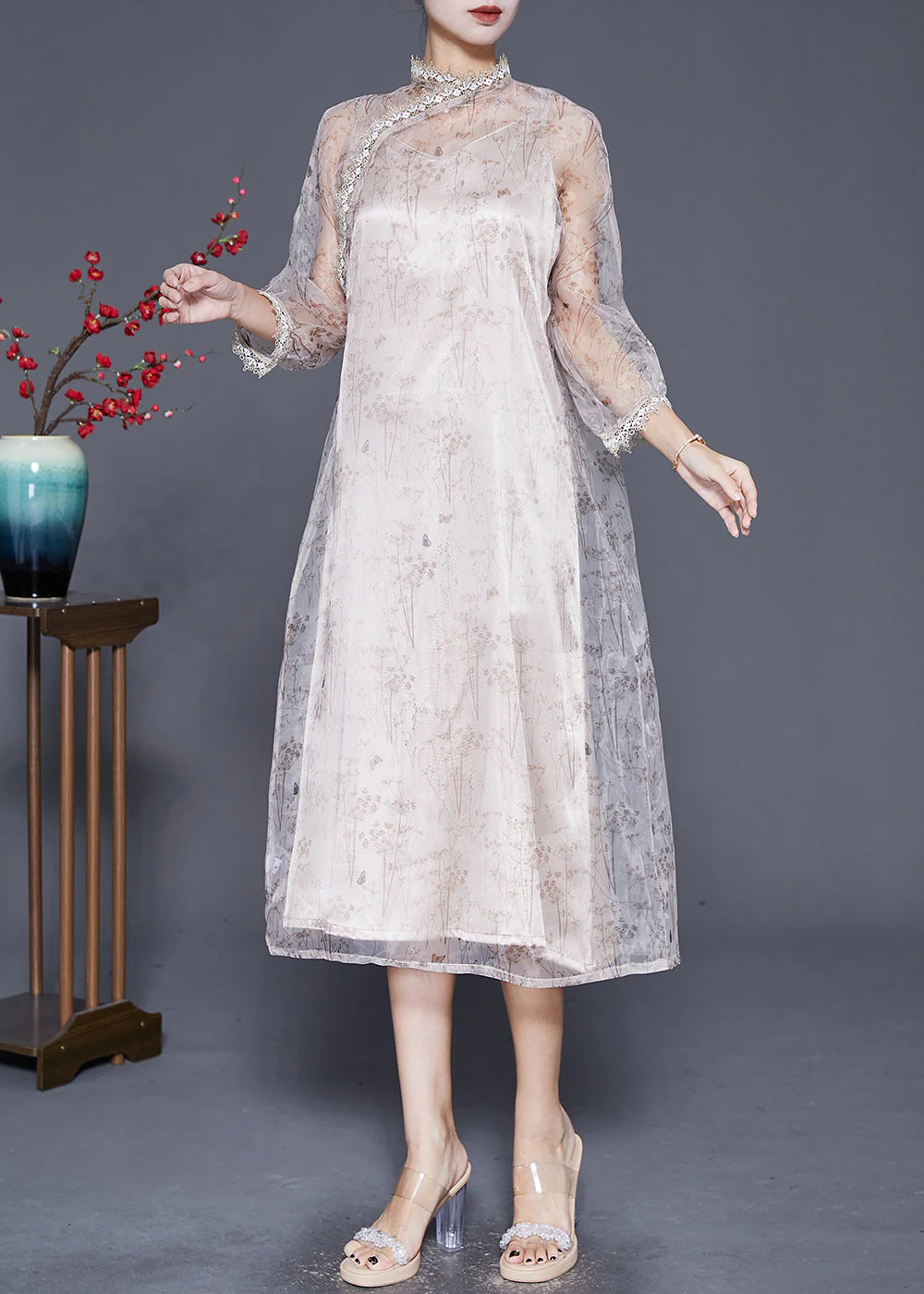 Handmade Beige Stand Collar Patchwork Lace Organza Maxi Dress Bracelet Sleeve - republicanstateiHandmade Beige Stand Collar Patchwork Lace Organza Maxi Dress Bracelet Sleeve - republicanstatei