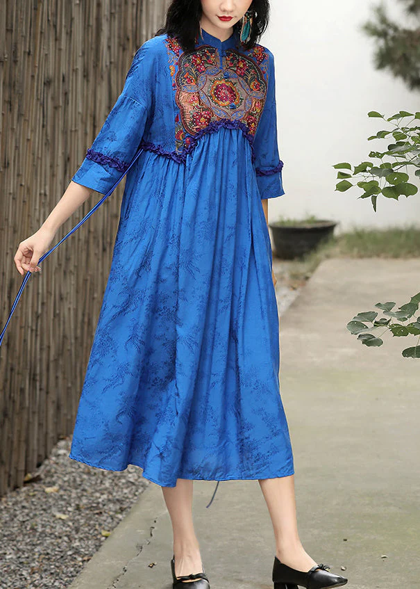 Elegant Blue Stand Collar Embroideried Floral Drawstring Satin Dress Long Sleeve - republicanstateiElegant Blue Stand Collar Embroideried Floral Drawstring Satin Dress Long Sleeve - republicanstatei