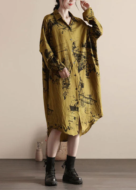 Plus Size Yellow Peter Pan Collar Patchwork Linen Shirts Dresses Spring - republicanstateiPlus Size Yellow Peter Pan Collar Patchwork Linen Shirts Dresses Spring - republicanstatei