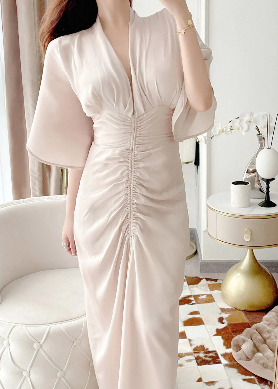 Organic Apricot V Neck Wrinkled Zippered Silk Long Dress Batwing Sleeve - republicanstateiOrganic Apricot V Neck Wrinkled Zippered Silk Long Dress Batwing Sleeve - republicanstatei