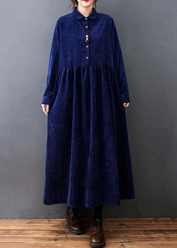 Fitted Navy Blue Peter Pan Collar Patchwork Corduroy Maxi Dresses Fall - republicanstateiFitted Navy Blue Peter Pan Collar Patchwork Corduroy Maxi Dresses Fall - republicanstatei