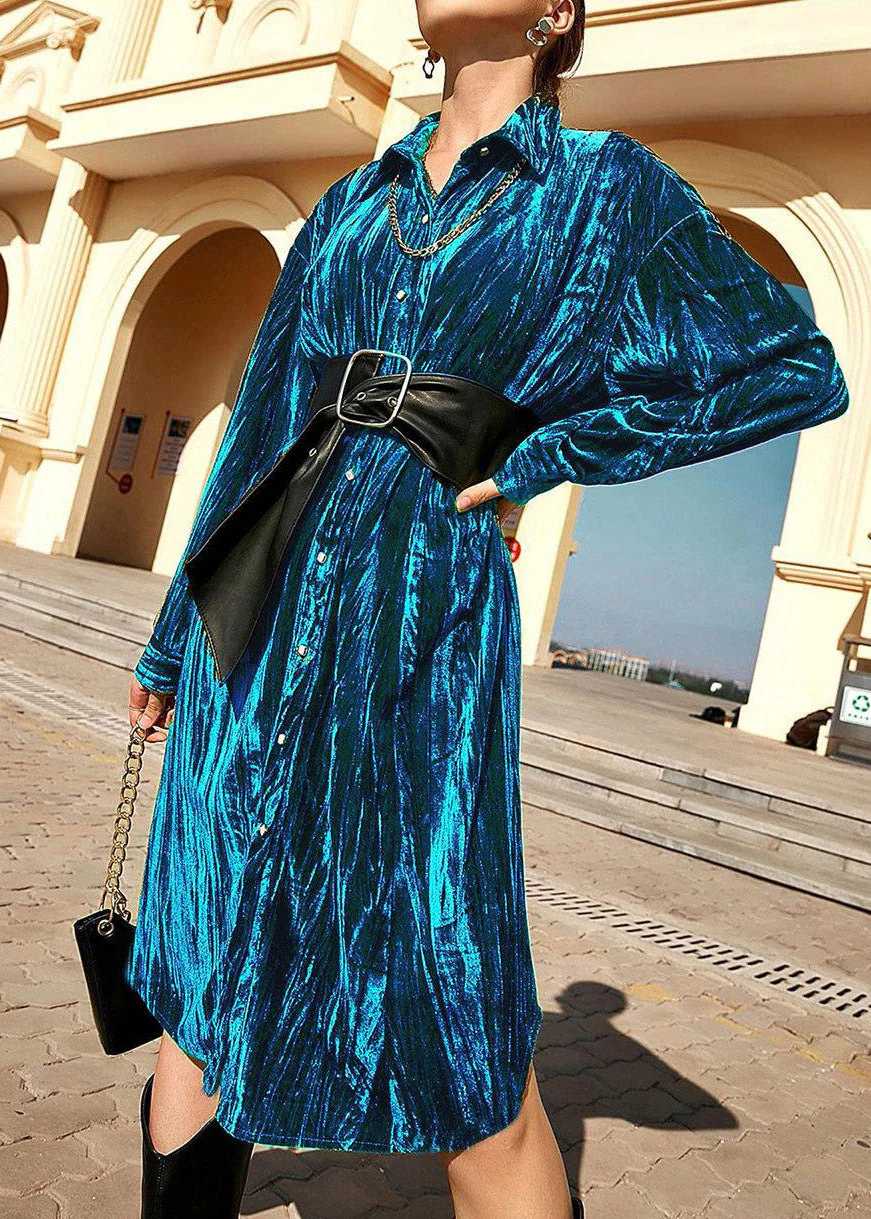 Beautiful Blue Peter Pan Collar Print Button Velour Long Shirts Dresses Spring - republicanstateiBeautiful Blue Peter Pan Collar Print Button Velour Long Shirts Dresses Spring - republicanstatei