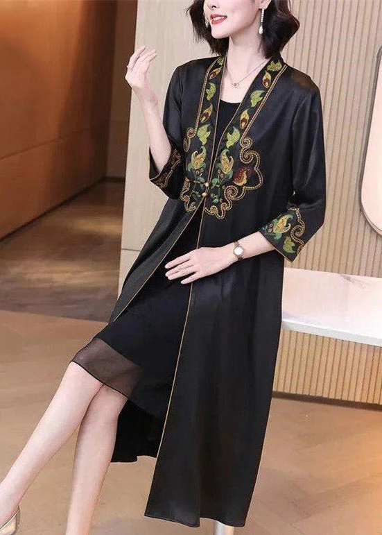 Modern Black V Neck Embroideried Floral Button Trench Coat Long Sleeve - republicanstateiModern Black V Neck Embroideried Floral Button Trench Coat Long Sleeve - republicanstatei